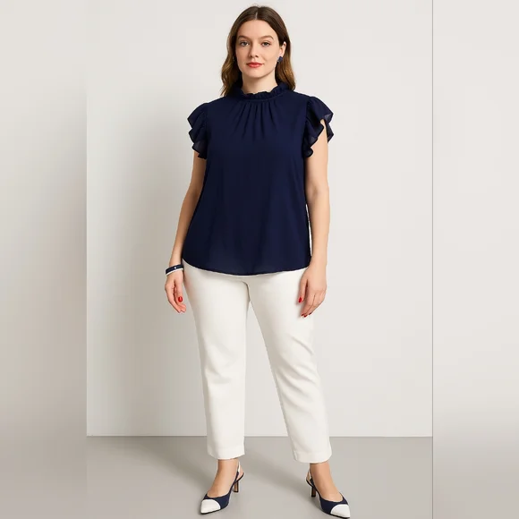 Navy Ruffle Sleeve Blouse - Picture 2 of 5